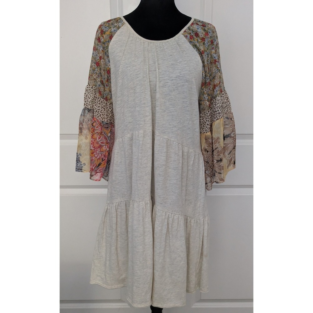 Umgee USA Boho Tiered Mini Dress Oatmeal Patchwork Bell Sleeve Floral S